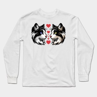 Cat Lovers Tee Shirt, Valentine Cats with Hearts, Cute Feline, Couple in love Graphic Tee, Pet Lovers Gift Idea Long Sleeve T-Shirt